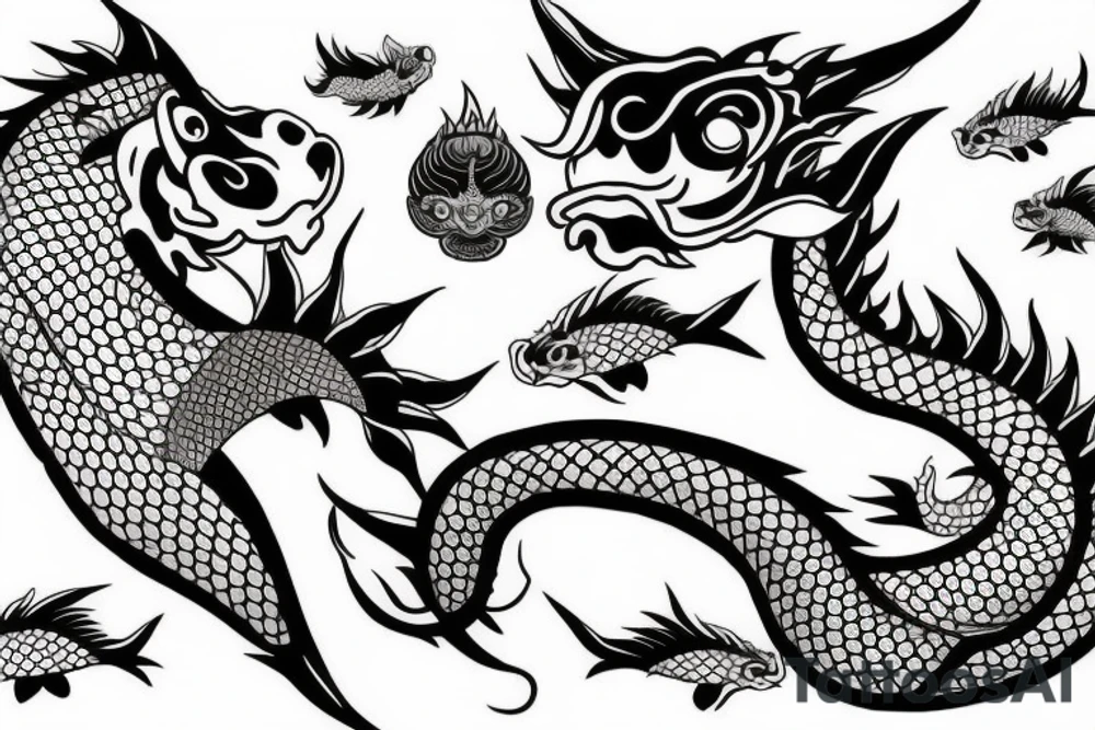 Koi fish, demon head, dragon sleeve tattoo idea