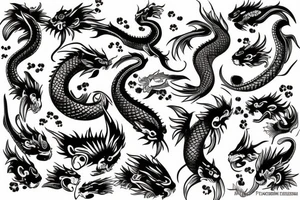 Koi fish, demon head, dragon sleeve tattoo idea