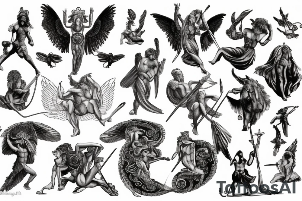 greek mythology representing strenght with creature and godesses for a men's back tattoo idea