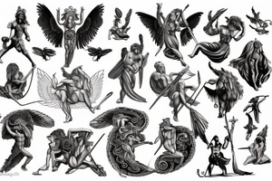 greek mythology representing strenght with creature and godesses for a men's back tattoo idea