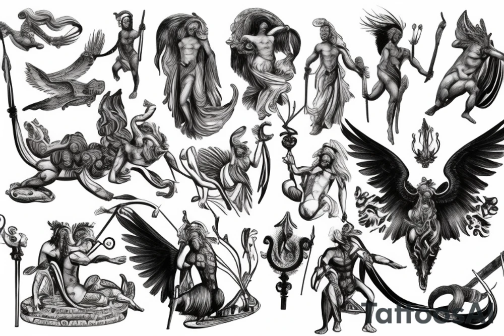 greek mythology representing strenght with creature and godesses for a men's back tattoo idea
