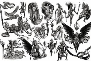 greek mythology representing strenght with creature and godesses for a men's back tattoo idea