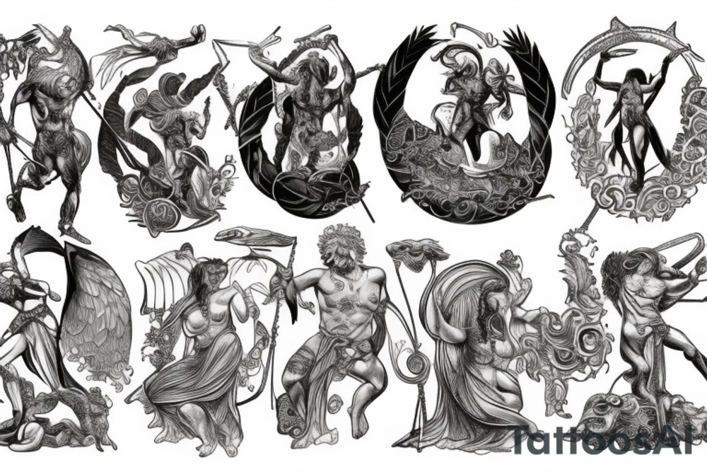 greek mythology representing strenght with creature and godesses for a men's back tattoo idea