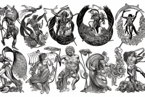 greek mythology representing strenght with creature and godesses for a men's back tattoo idea
