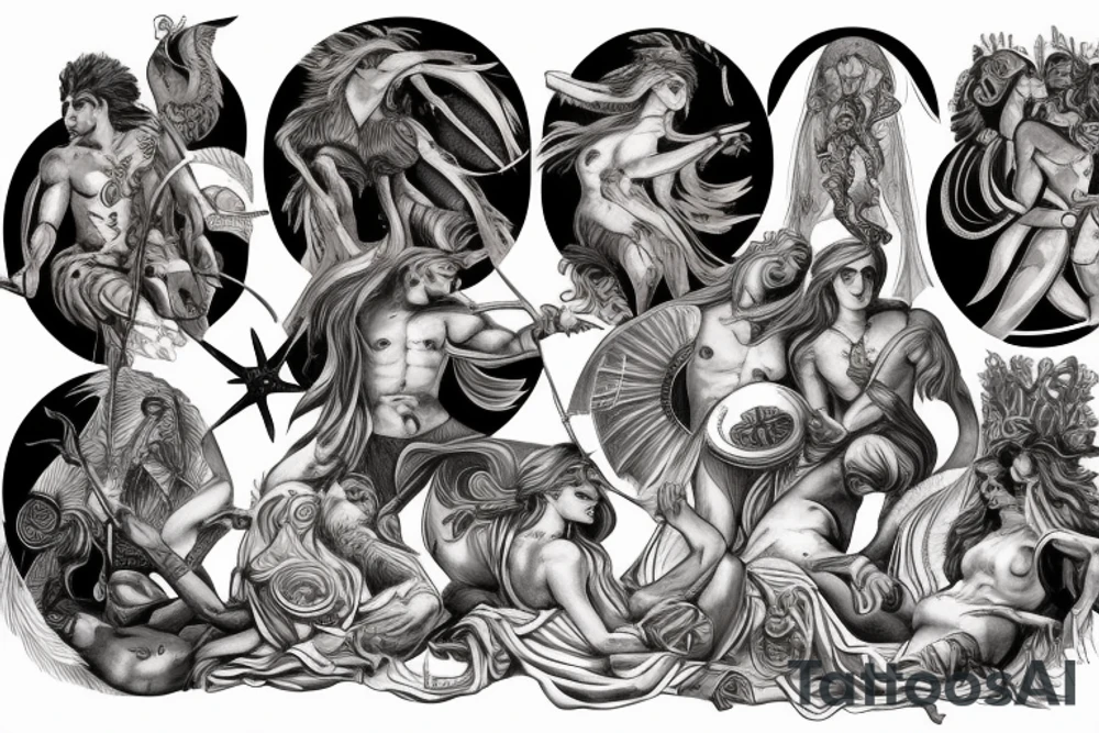 greek mythology representing strenght with creature and godesses for a men's back tattoo idea