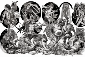 greek mythology representing strenght with creature and godesses for a men's back tattoo idea