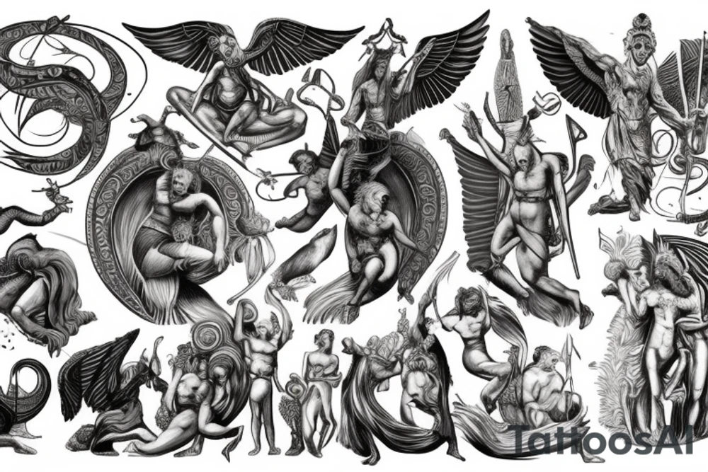 greek mythology representing strenght with creature and godesses for a men's back tattoo idea