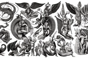 greek mythology representing strenght with creature and godesses for a men's back tattoo idea