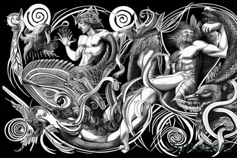 greek mythology representing strenght with creature and godesses for a men's back tattoo idea