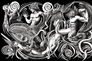 greek mythology representing strenght with creature and godesses for a men's back tattoo idea