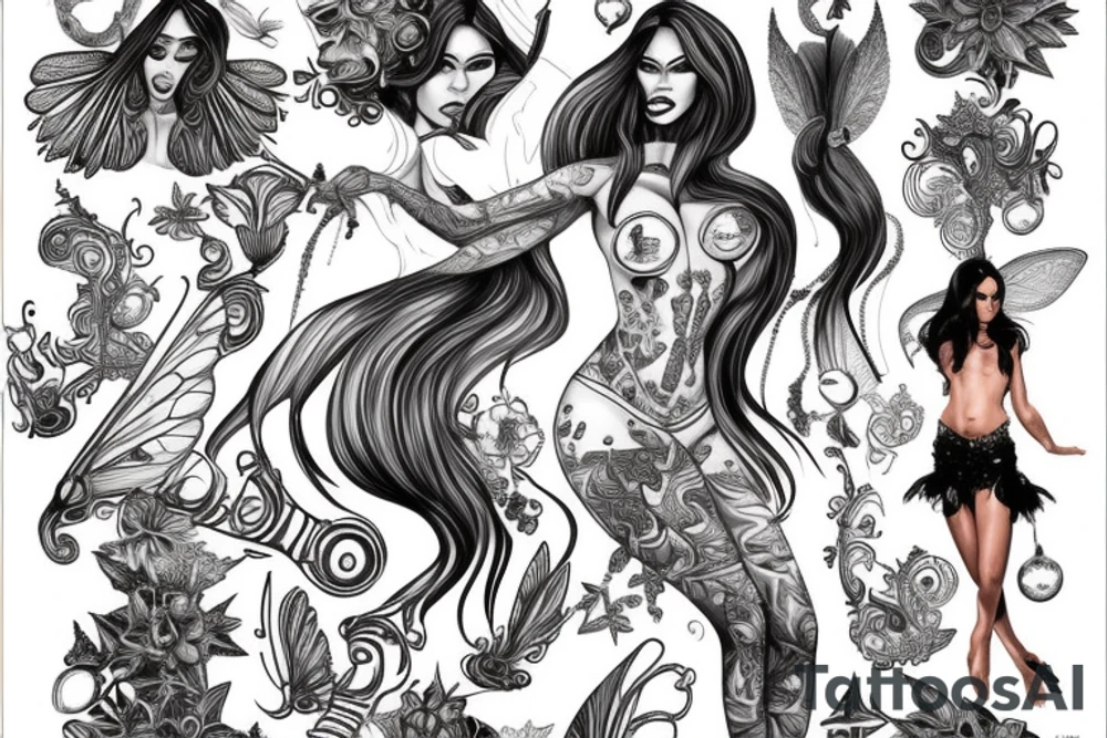 Men's full back representing strenght with sexy godesses or fairy tattoo idea