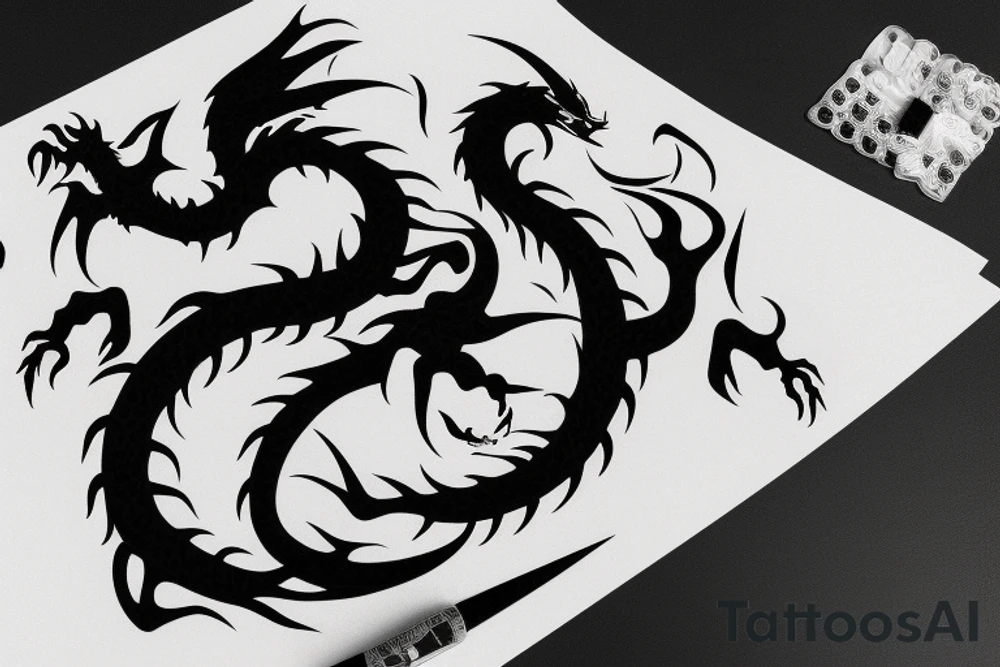 a black dragon with a knife in mouth, 4k realist tattoo idea