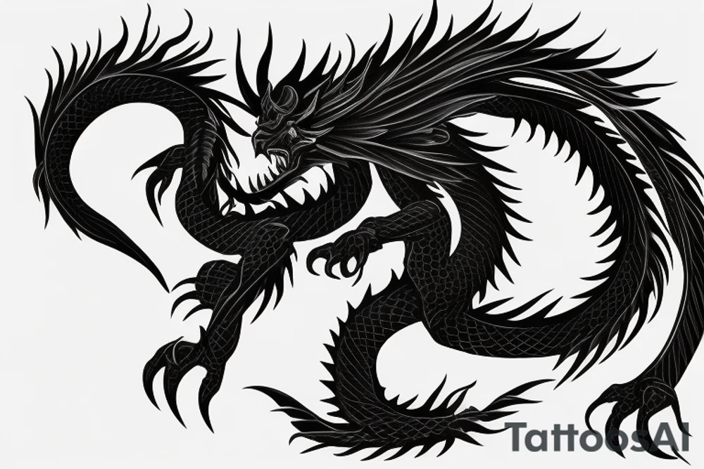 a black dragon with a knife in mouth, 4k realist tattoo idea