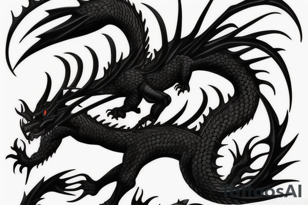 a black dragon with a knife in mouth, 4k realist tattoo idea