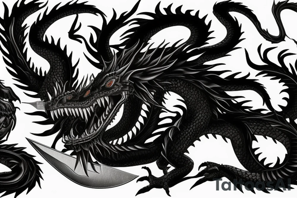 a black dragon with a knife in mouth, 4k realist tattoo idea
