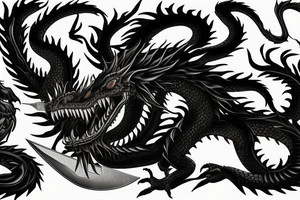 a black dragon with a knife in mouth, 4k realist tattoo idea