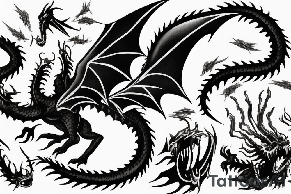 a black dragon with a knife in mouth, 4k realist tattoo idea