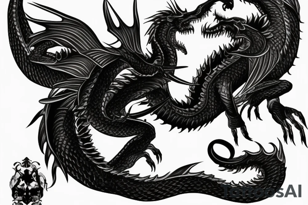 a black dragon with a knife in mouth, 4k realist tattoo idea