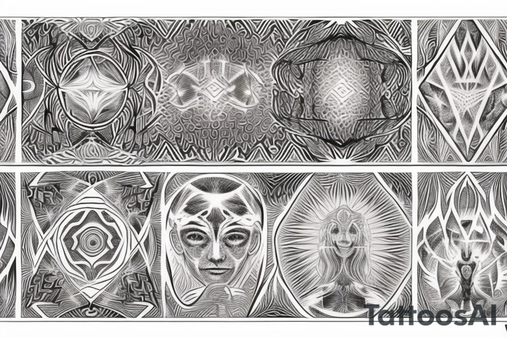 Half sleeve of symmetrical patterns inspired by Meshuggah and Alex grey tattoo idea