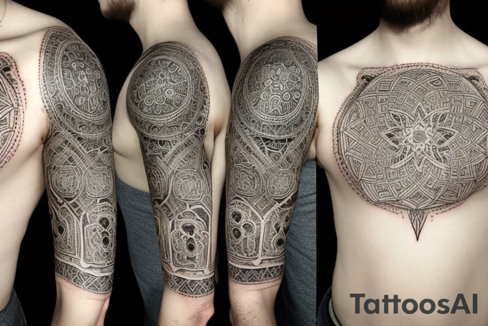 Half sleeve tattoo of symmetrical patterns inspired by Meshuggah tattoo idea