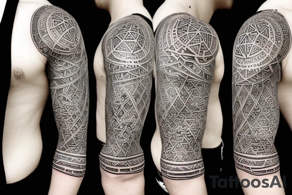 Half sleeve tattoo of symmetrical patterns inspired by Meshuggah tattoo idea
