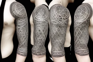 Half sleeve tattoo of symmetrical patterns inspired by Meshuggah tattoo idea