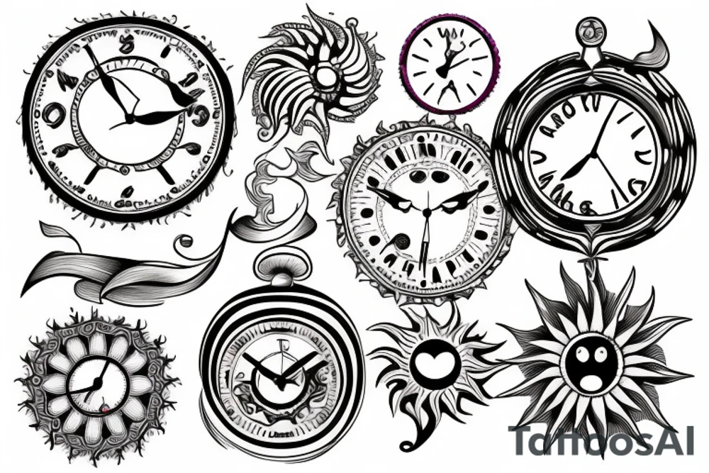sun and clock tattoo idea