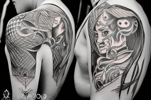 Female warrior behind a castle tattoo idea
