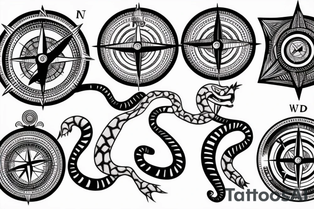 Snake goring through a compass,long body, curves tattoo idea