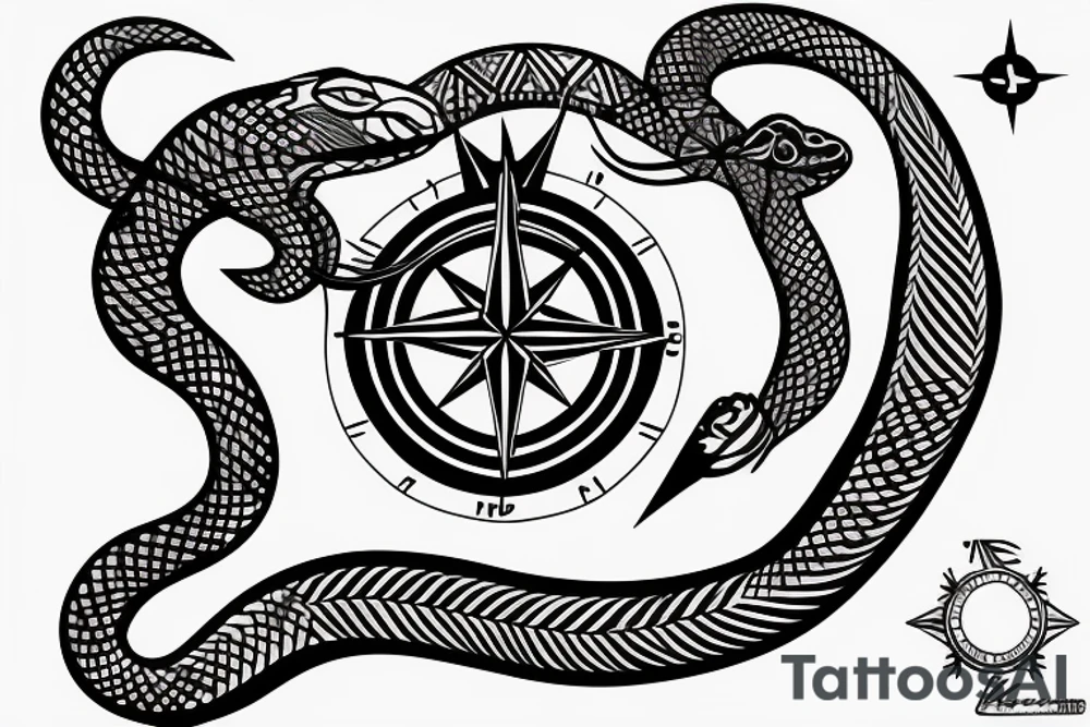 Snake goring through a compass,long body, curves tattoo idea