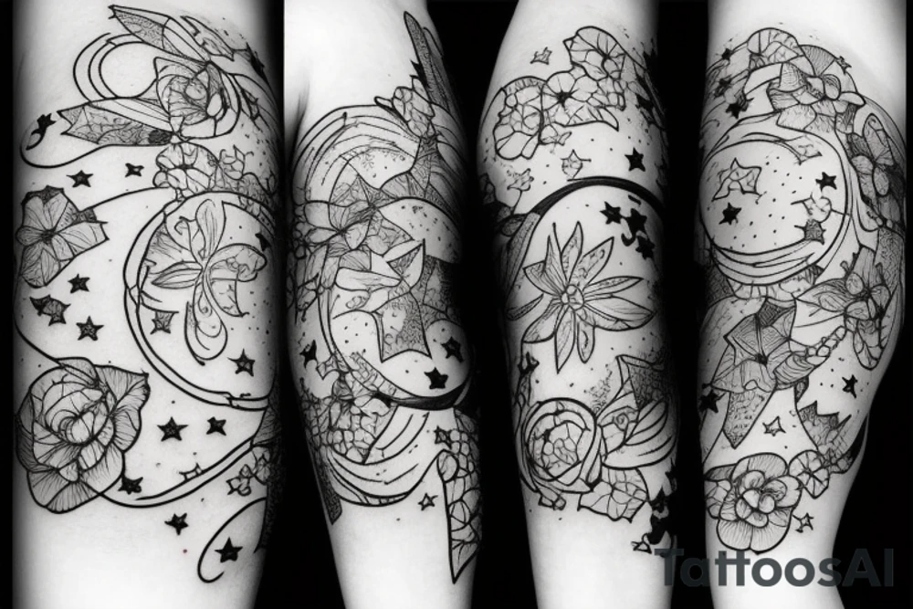 clouds with stars and flowers tattoo idea