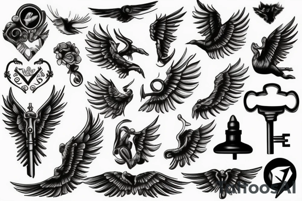 vintage key with wings tattoo idea