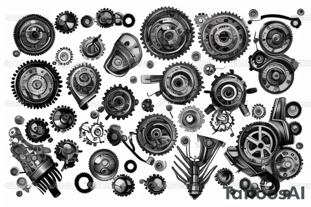 One gear with pistons going down top of arm looking as if mechanical parts are underneath the skin tattoo idea