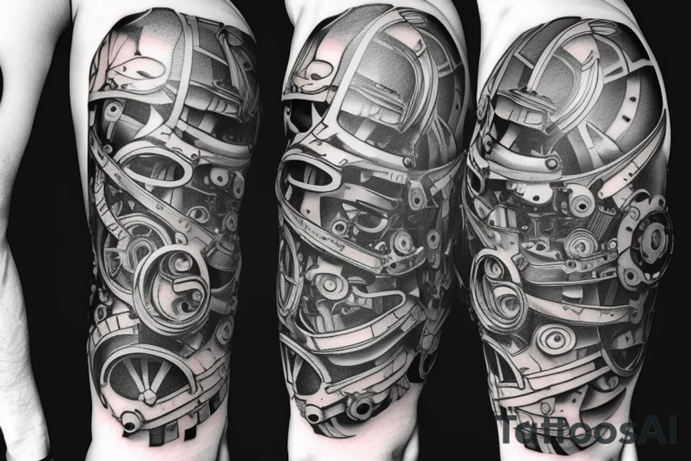 One gear with pistons going down top of arm looking as if mechanical parts are underneath the skin tattoo idea