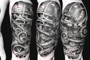 One gear with pistons going down top of arm looking as if mechanical parts are underneath the skin tattoo idea