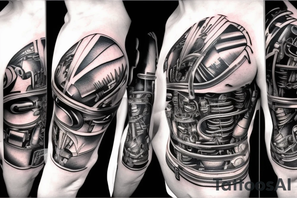 Pistons and wires going down top of arm looking as if mechanical parts are underneath the skin in the style of terminator tattoo idea