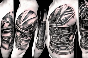 Pistons and wires going down top of arm looking as if mechanical parts are underneath the skin in the style of terminator tattoo idea