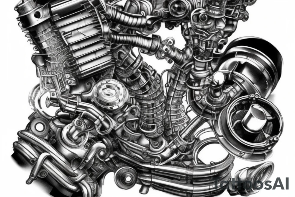 Pistons and wires going down top of arm looking as if mechanical parts are underneath the skin in the style of terminator tattoo idea