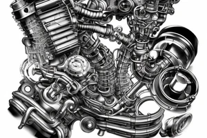 Pistons and wires going down top of arm looking as if mechanical parts are underneath the skin in the style of terminator tattoo idea