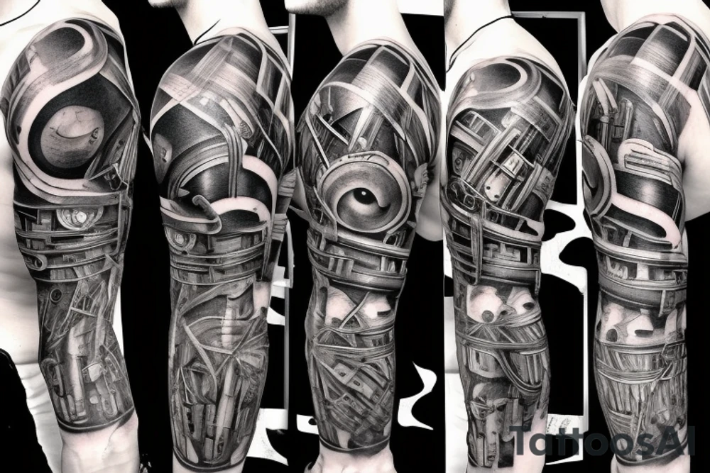 Pistons and wires going down top of arm looking as if mechanical parts are underneath the skin in the style of terminator or iron man tattoo idea