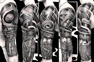 Pistons and wires going down top of arm looking as if mechanical parts are underneath the skin in the style of terminator or iron man tattoo idea