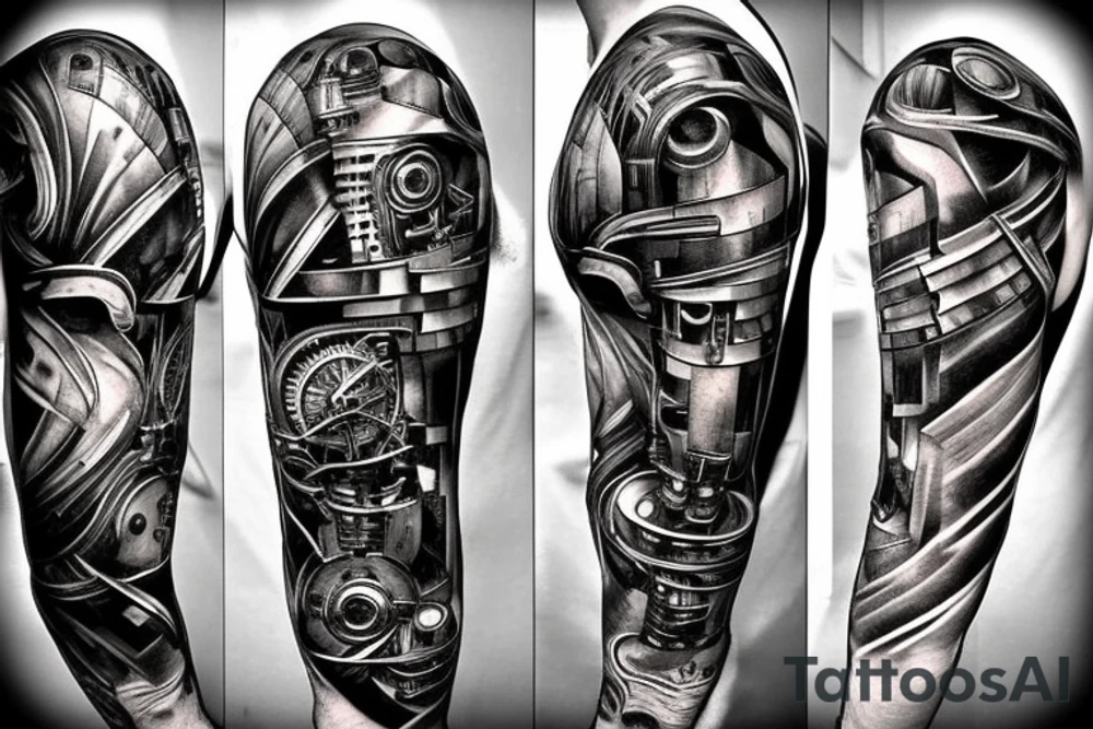 Pistons and wires going down top of arm looking as if mechanical parts are underneath the skin in the style of terminator or iron man tattoo idea