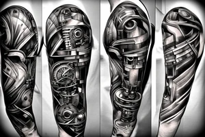 Pistons and wires going down top of arm looking as if mechanical parts are underneath the skin in the style of terminator or iron man tattoo idea