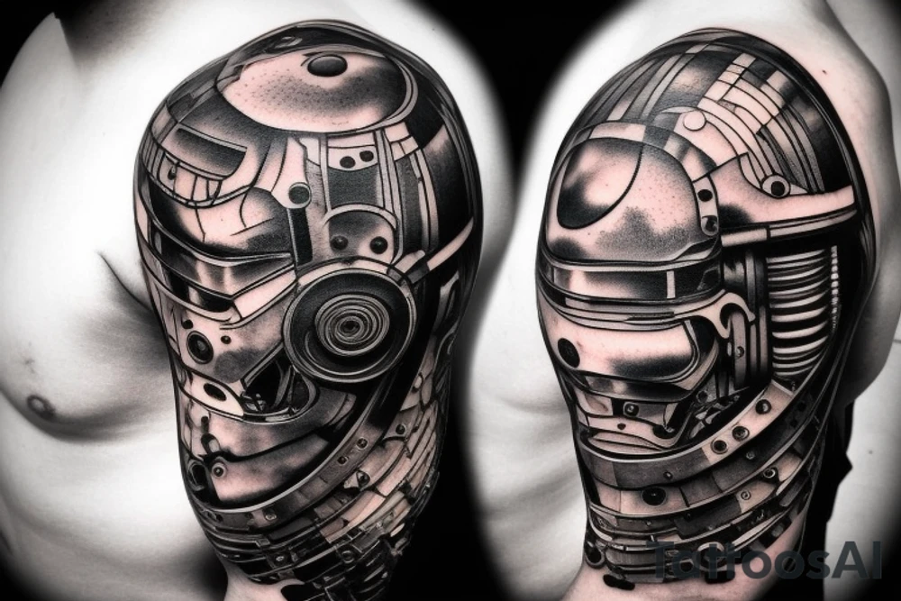 Pistons and wires going down top of arm looking as if mechanical parts are underneath the skin in the style of terminator or iron man, only going down to bottom of bicep tattoo idea