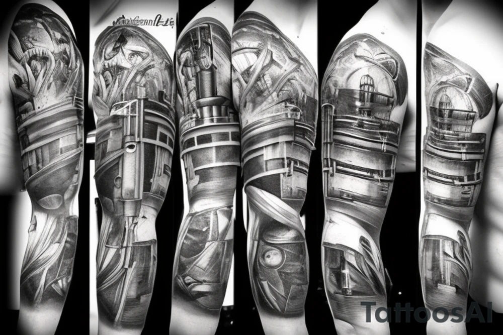 Pistons and wires going down top of arm looking as if mechanical parts are underneath the skin in the style of terminator or iron man, only going down to bottom of bicep tattoo idea