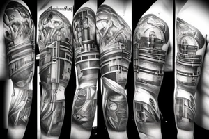 Pistons and wires going down top of arm looking as if mechanical parts are underneath the skin in the style of terminator or iron man, only going down to bottom of bicep tattoo idea