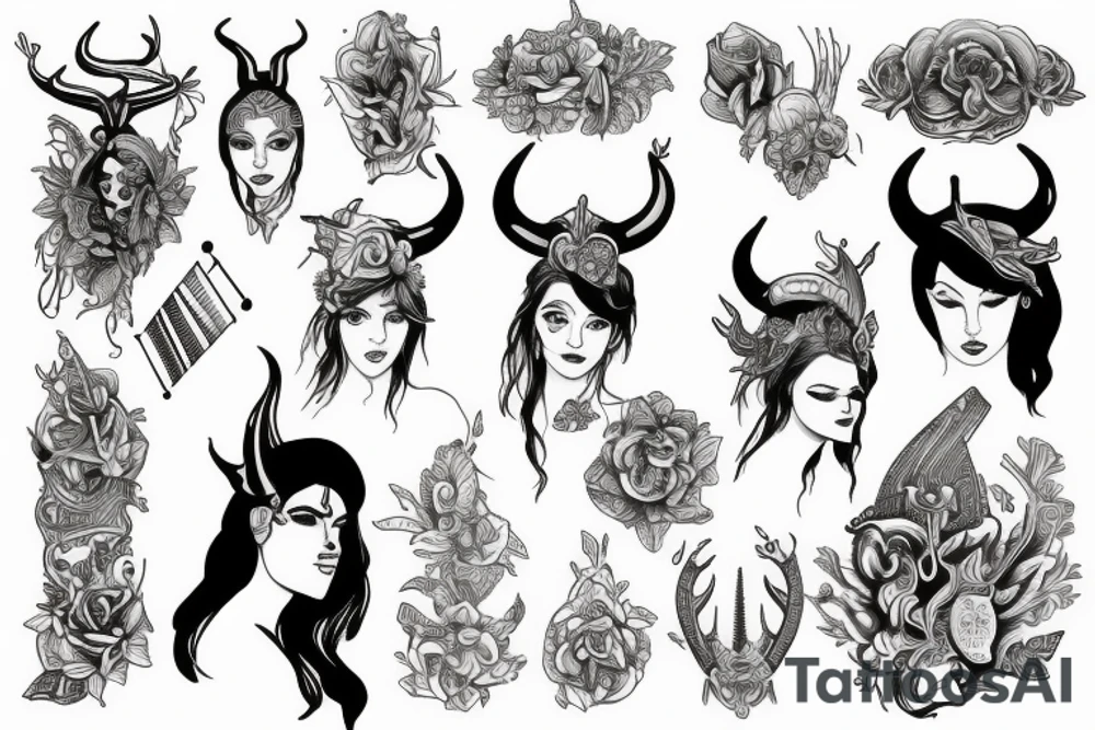 a goddess with horns holding a balance scale tattoo idea