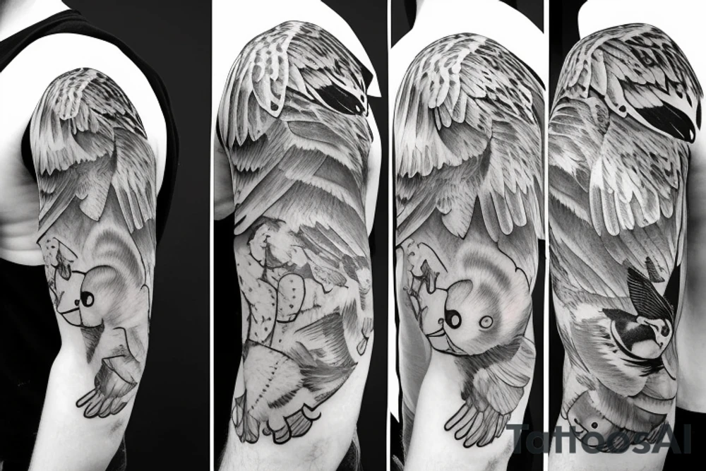 a half sleeve with my brothers keeper and a teddy bear and a bird with one wing open symbolizing i am his protector tattoo idea