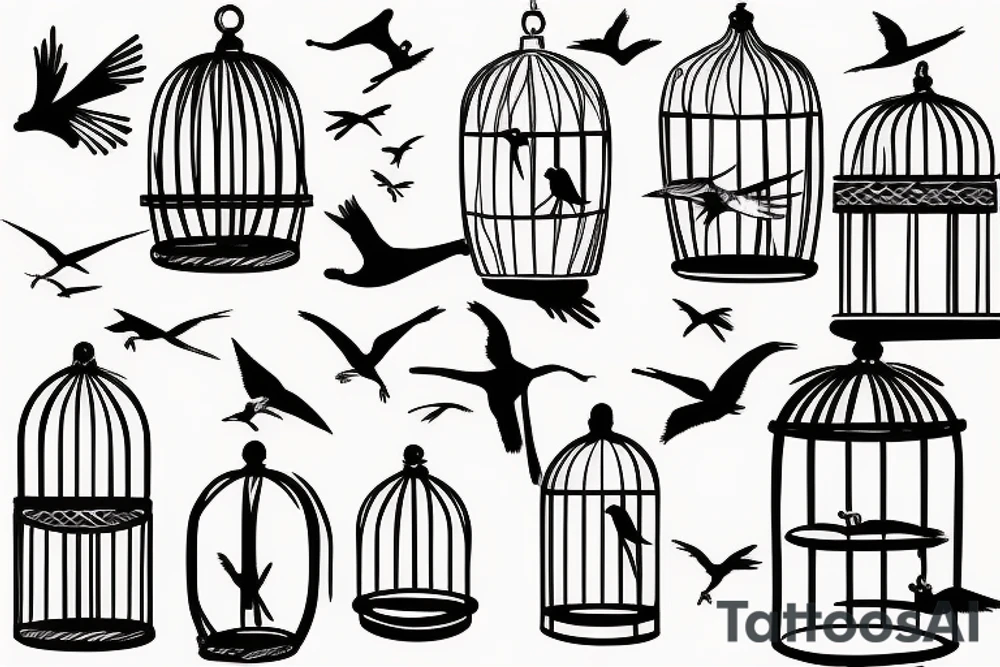birds flying into cage tattoo idea