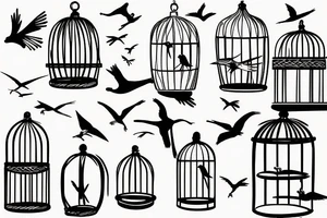 birds flying into cage tattoo idea